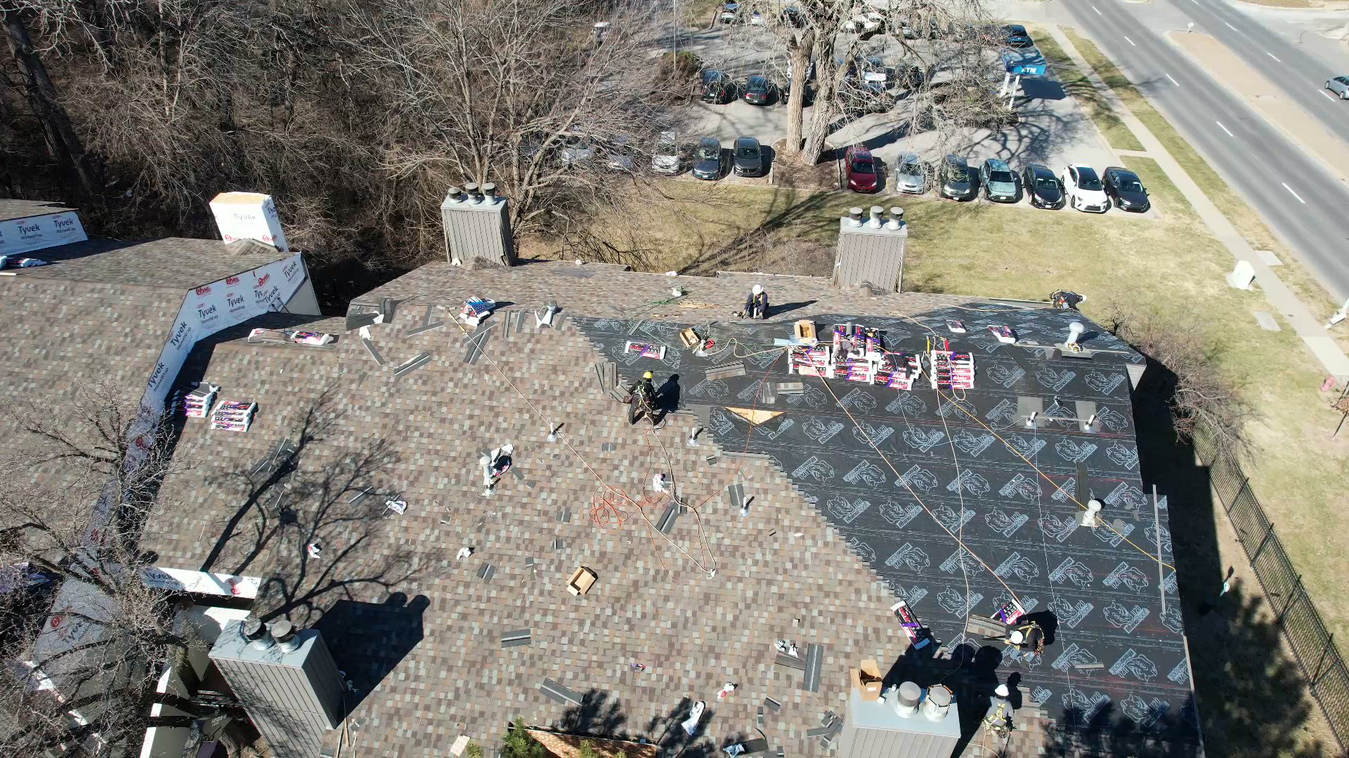 Aerial view of Kansas City roofing project by Anchor Exteriors
